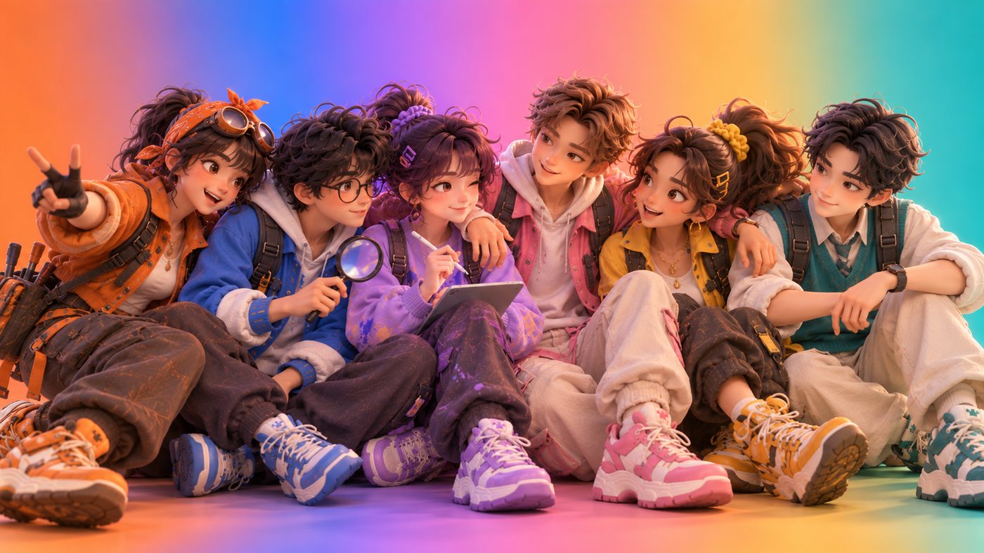 The six Talent Map characters sitting together